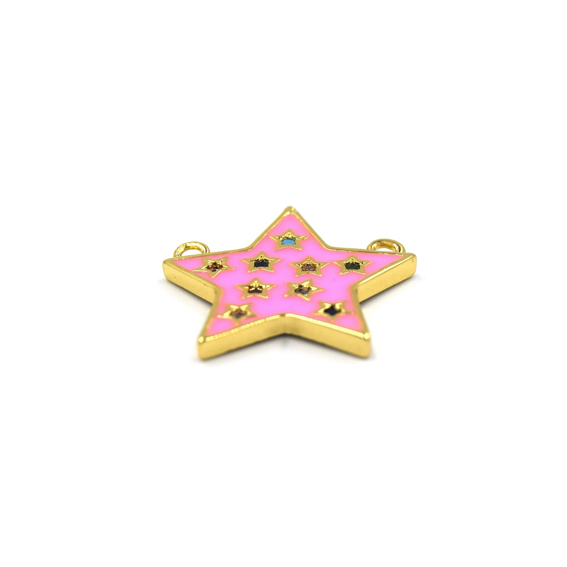 CZ and Enamel Brass Pendant | 22mm Pink Enamel Star Pendant with Multicolor Cubic Zirconia - Two Loops