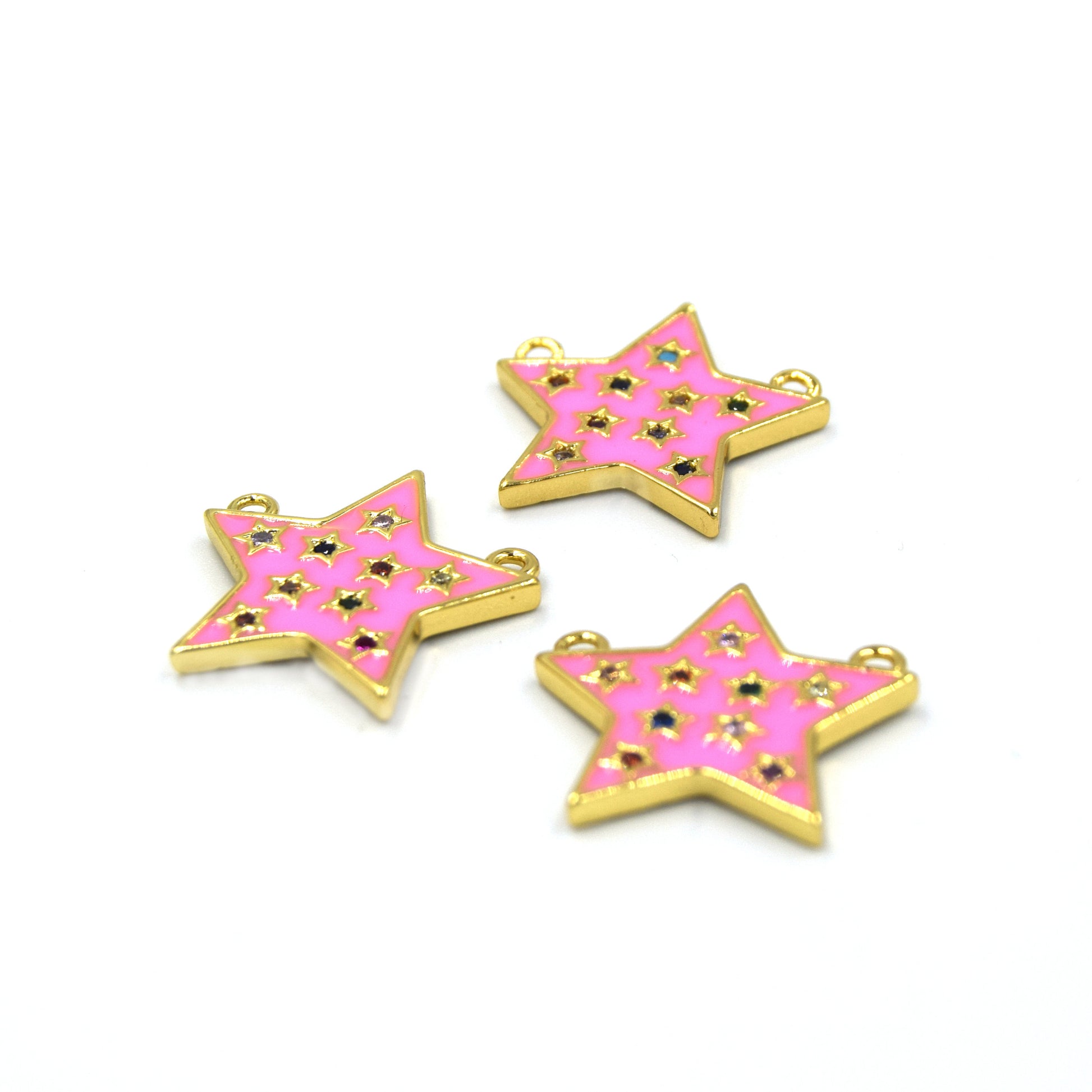 CZ and Enamel Brass Pendant | 22mm Pink Enamel Star Pendant with Multicolor Cubic Zirconia - Two Loops