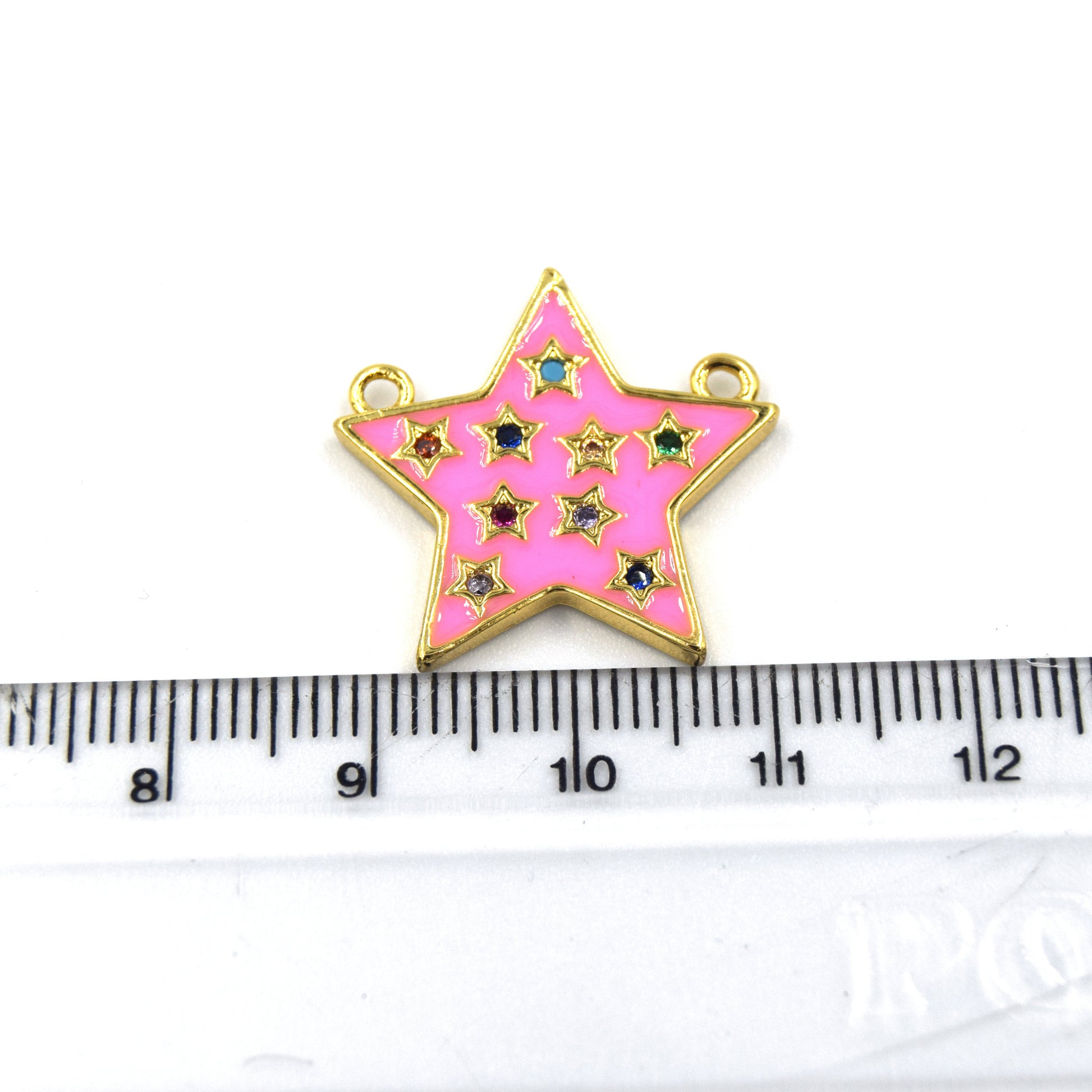 CZ and Enamel Brass Pendant | 22mm Pink Enamel Star Pendant with Multicolor Cubic Zirconia - Two Loops