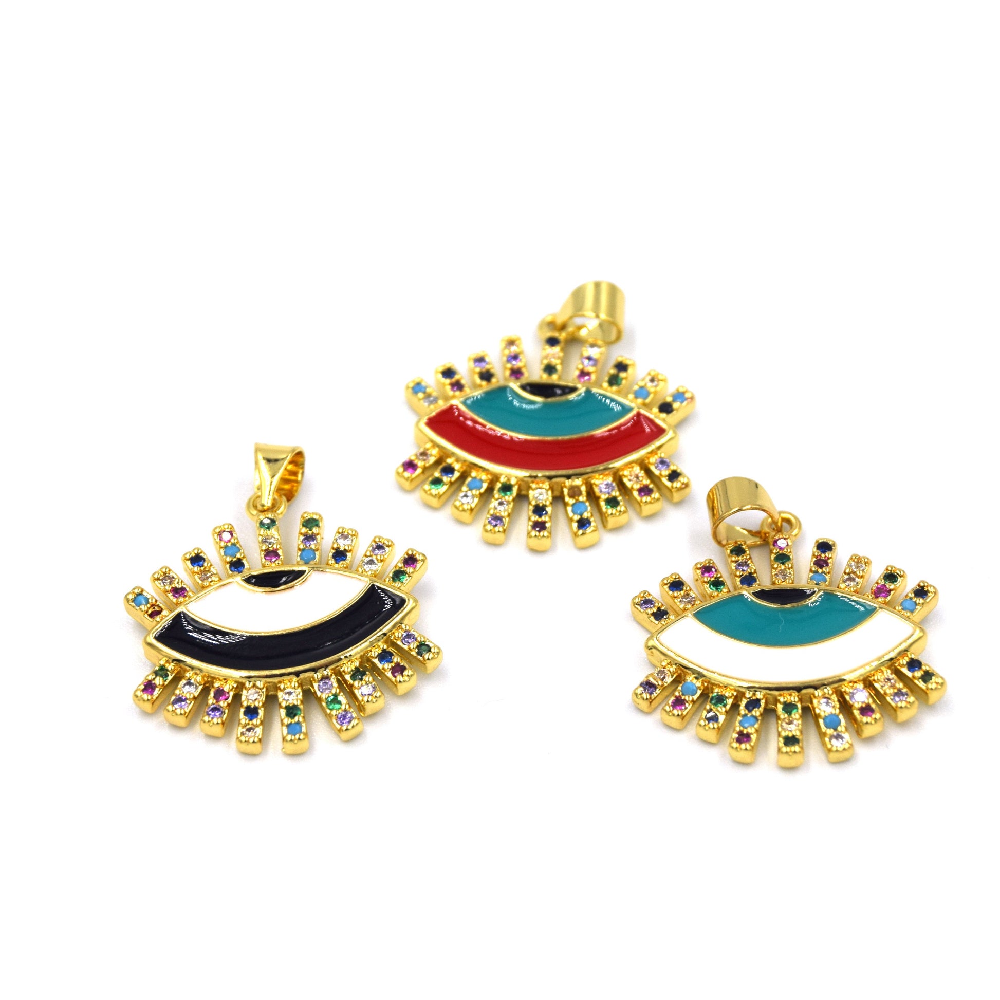 CZ Enamel Brass Pendant | 18mm Enamel Evil Eye with Multicolor CZ Rays - White, Black, Red available