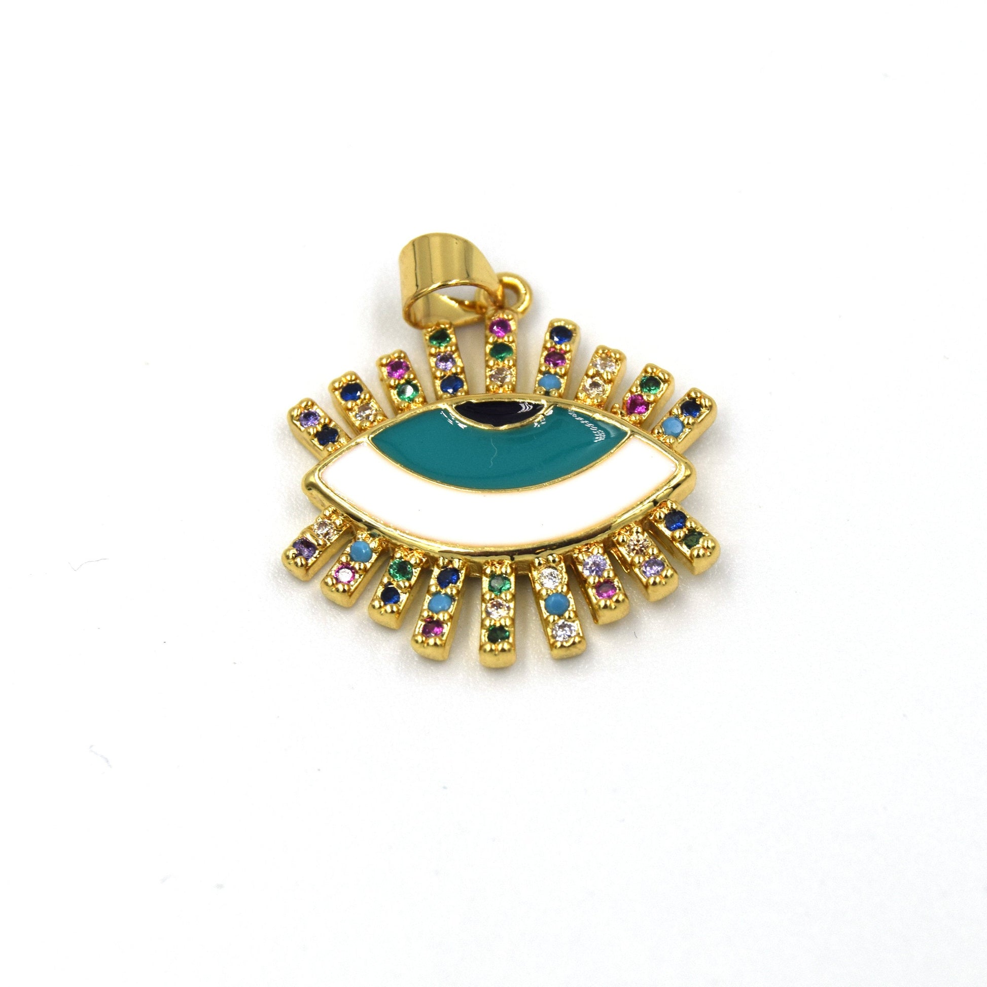 CZ Enamel Brass Pendant | 18mm Enamel Evil Eye with Multicolor CZ Rays - White, Black, Red available