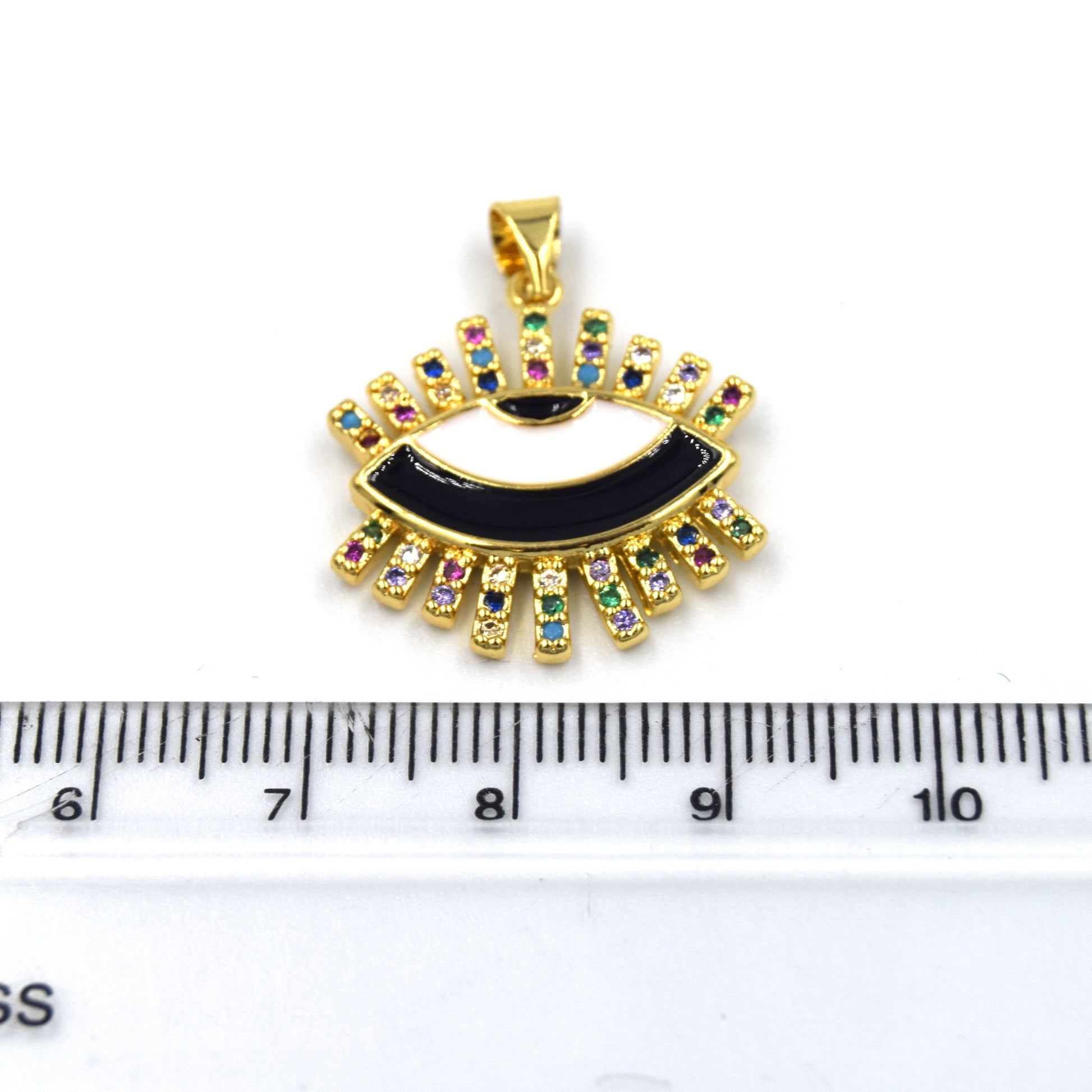 CZ Enamel Brass Pendant | 18mm Enamel Evil Eye with Multicolor CZ Rays - White, Black, Red available