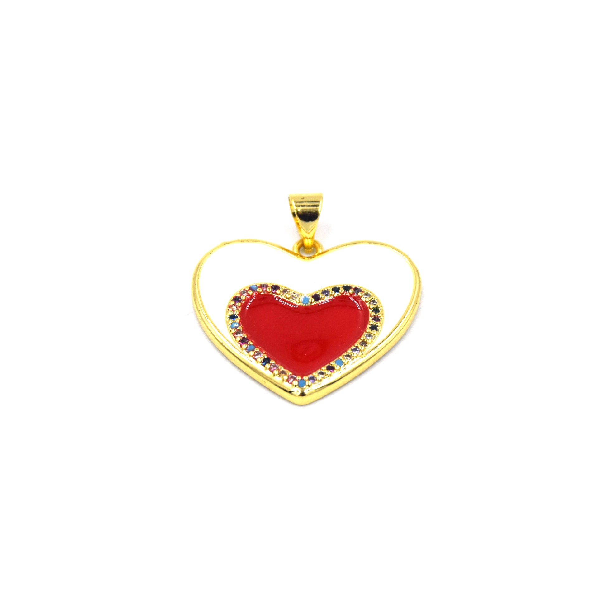 CZ Enamel Brass Pendant | 20mm Heart with Multicolor CZ - White, Black, Red, Blue available