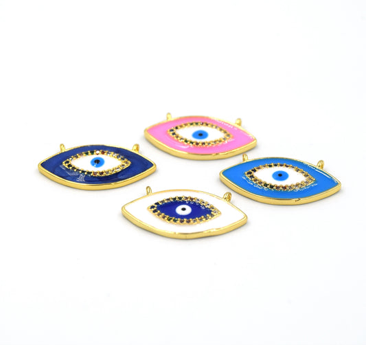 CZ Enamel Brass Pendant | 24mm Evil Eye with Multicolor CZ - Two Loops - White, Blue, Pink available