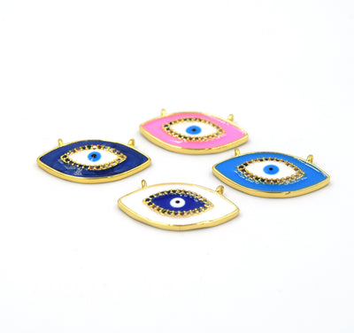 CZ Enamel Brass Pendant | 24mm Evil Eye with Multicolor CZ - Two Loops - White, Blue, Pink available