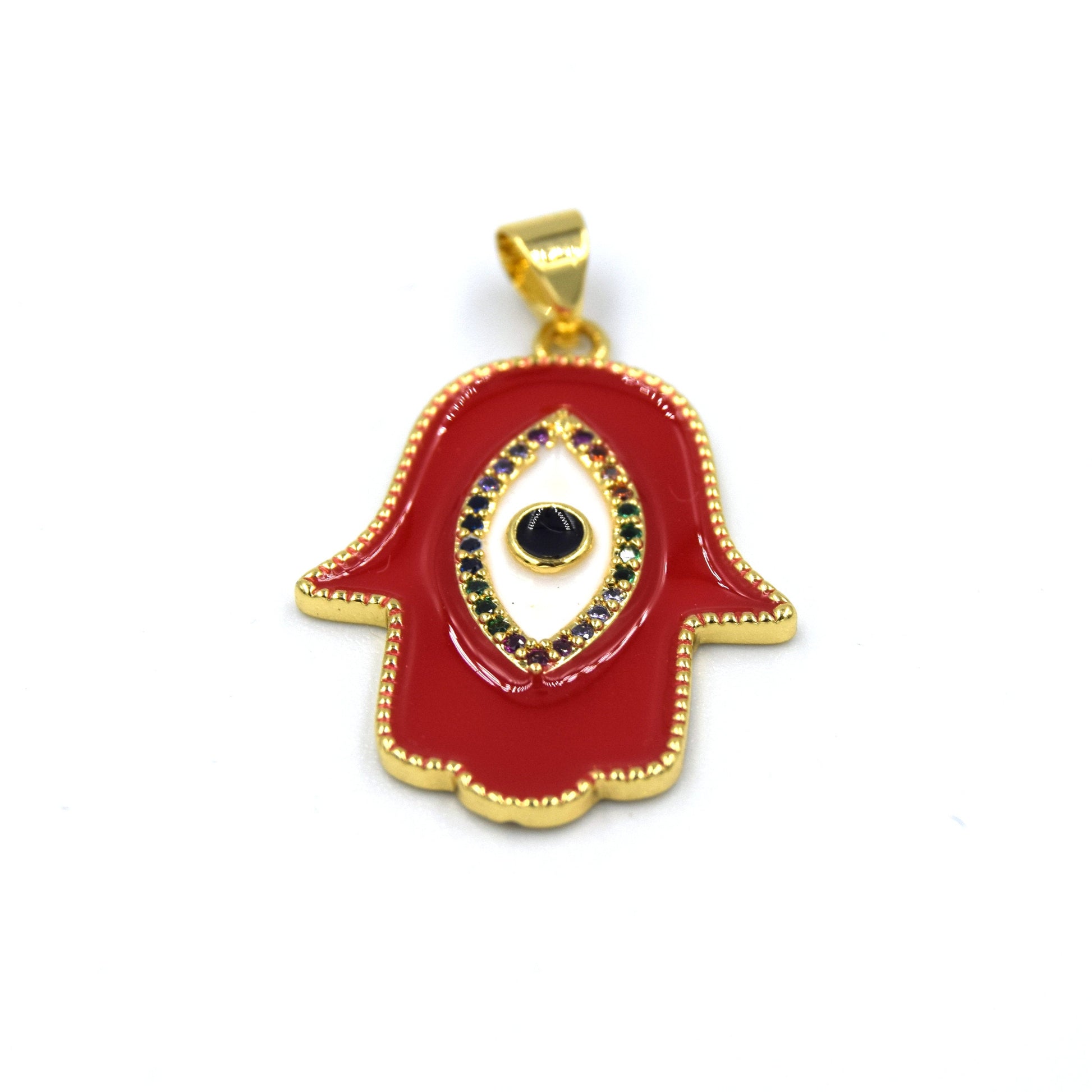 CZ Enamel Brass Pendant | 25mm Hamsa Shaped Pendant with Evil Eye - Red and Multicolor Cubic Zirconia