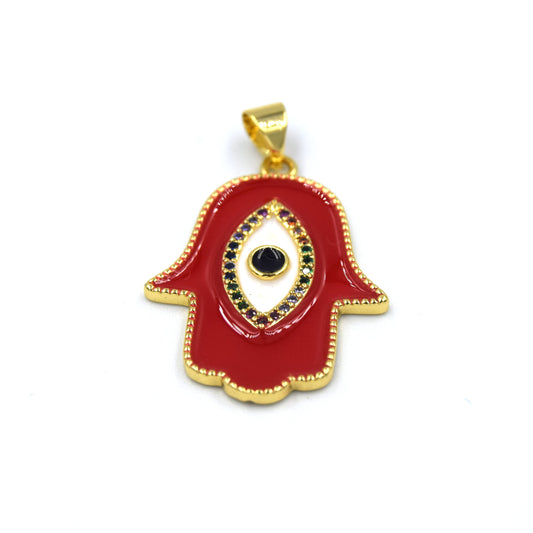 CZ Enamel Brass Pendant | 25mm Hamsa Shaped Pendant with Evil Eye - Red and Multicolor Cubic Zirconia