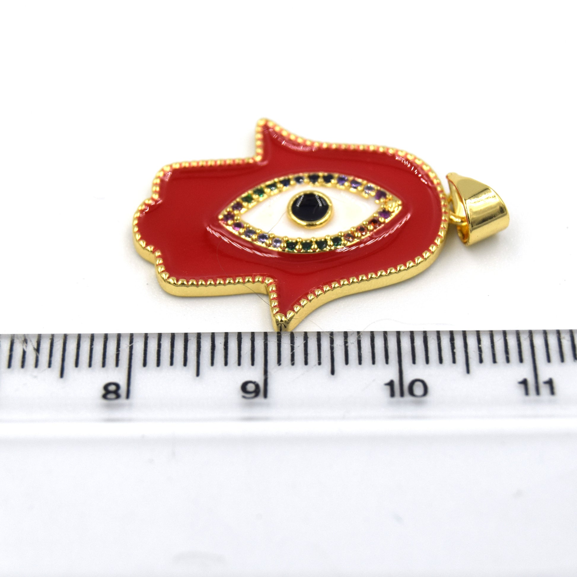 CZ Enamel Brass Pendant | 25mm Hamsa Shaped Pendant with Evil Eye - Red and Multicolor Cubic Zirconia