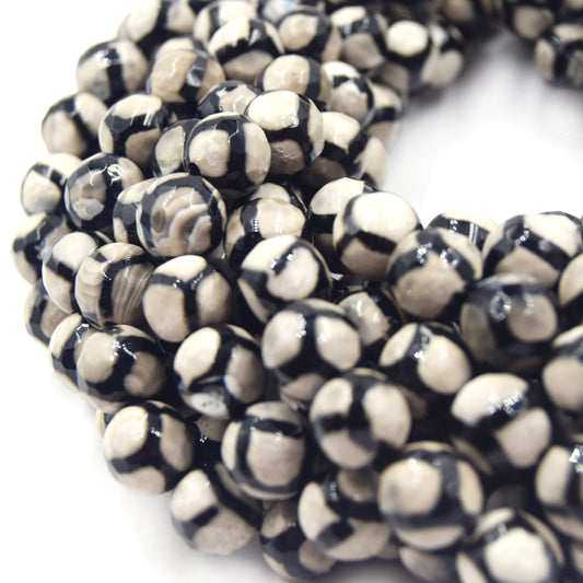 Tibetan Agate Beads | Dzi Beads | Dyed Cream Faceted Honeycomb Round Gemstone Beads - 8mm 10mm 12mm Available