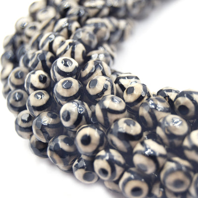Tibetan Agate Beads | Dzi Beads | Dyed Cream Faceted Eye with Dot Round Gemstone Beads -6mm 8mm 10mm 12mm Available