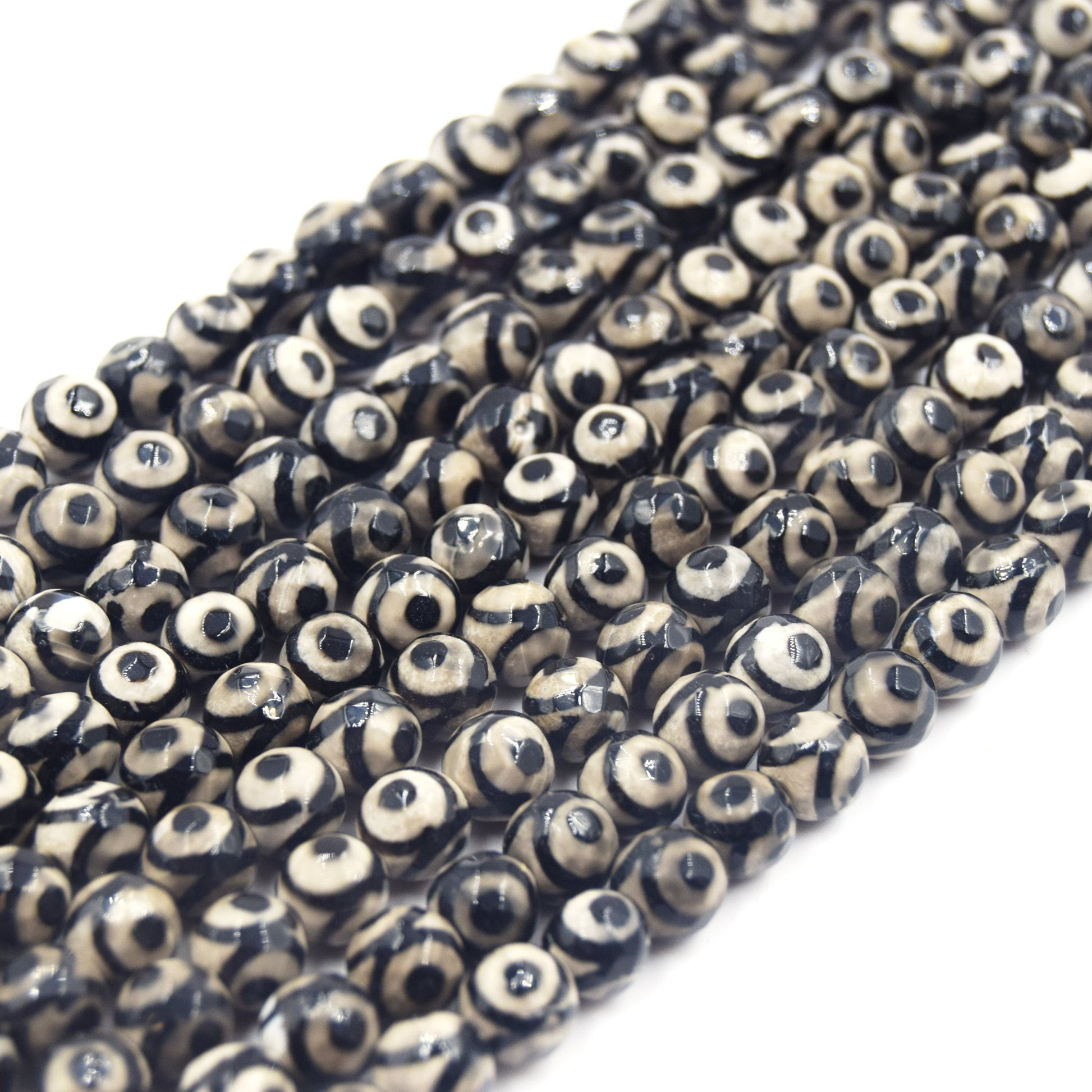 Tibetan Agate Beads | Dzi Beads | Dyed Cream Faceted Eye with Dot Round Gemstone Beads -6mm 8mm 10mm 12mm Available