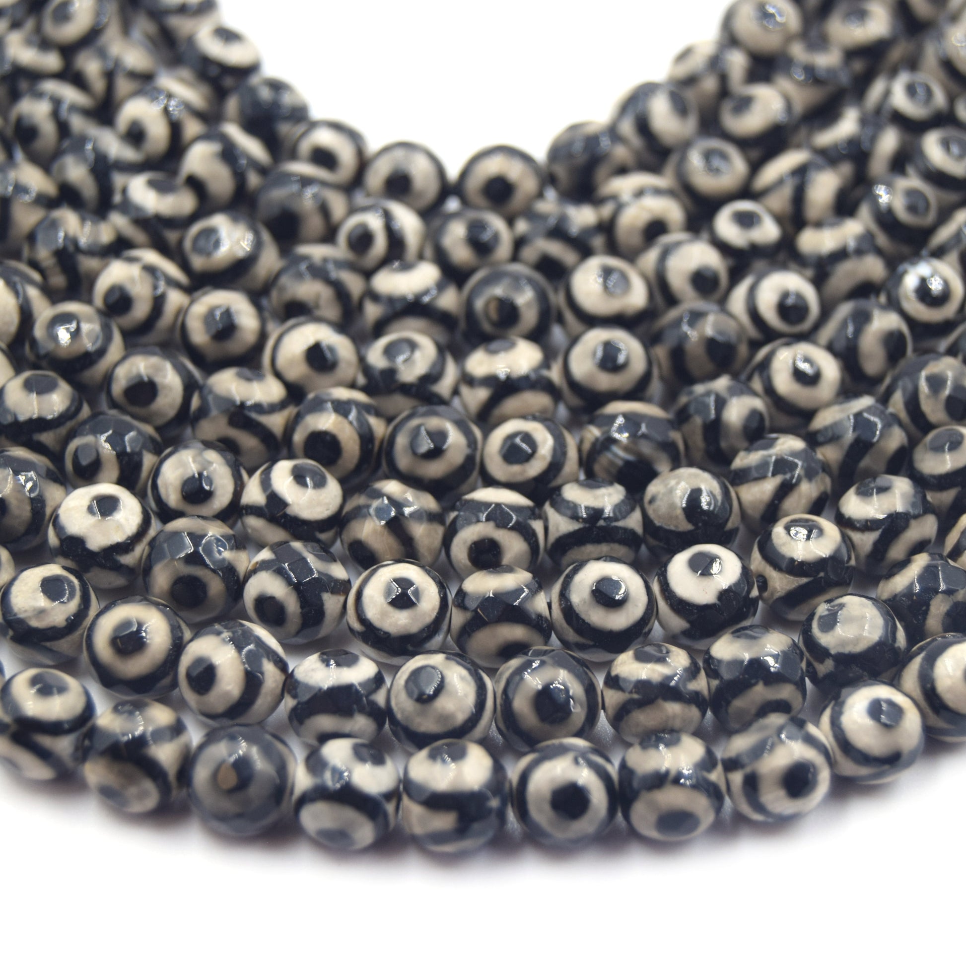 Tibetan Agate Beads | Dzi Beads | Dyed Cream Faceted Eye with Dot Round Gemstone Beads -6mm 8mm 10mm 12mm Available