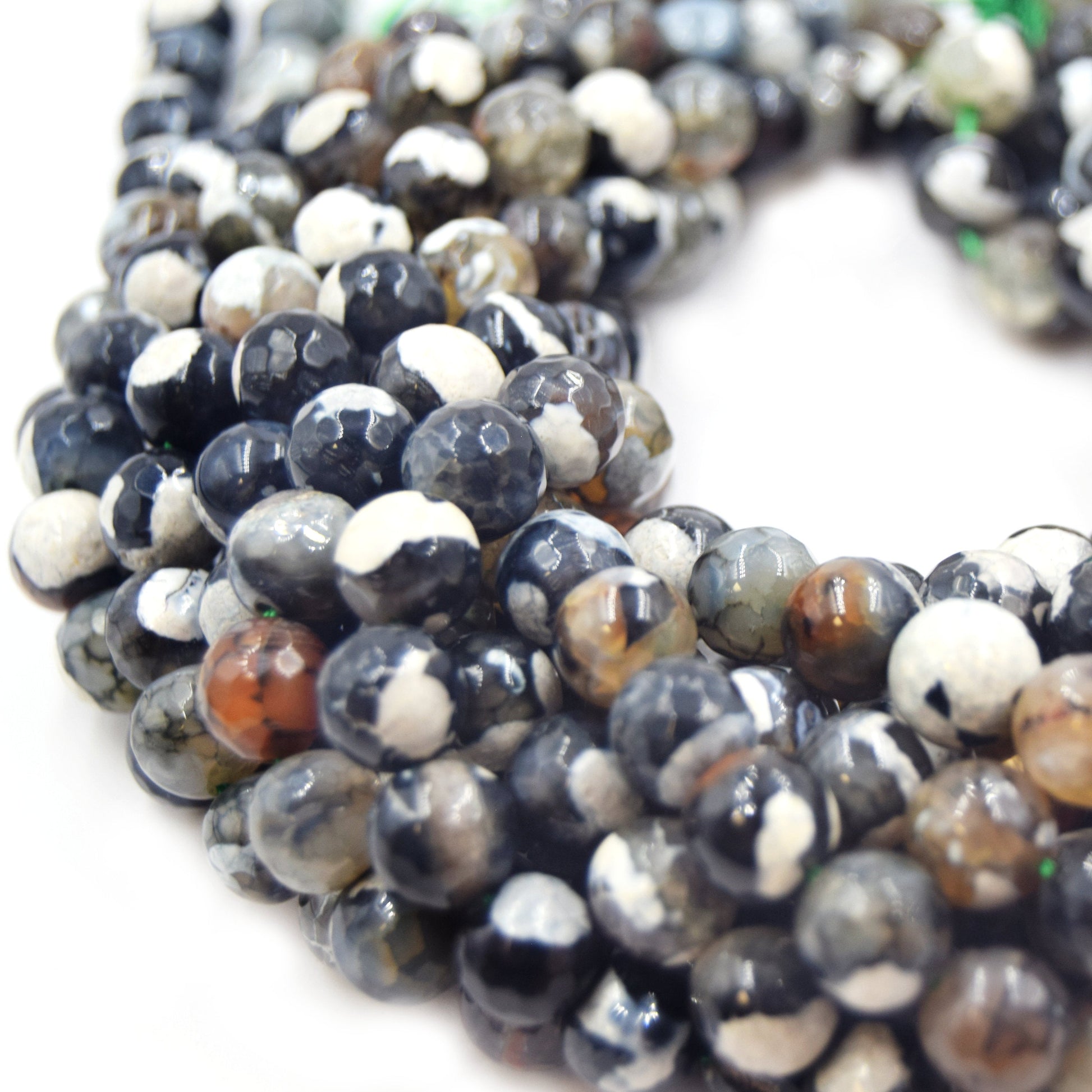 Fire Agate Beads | Dyed Black Brown White Mix Faceted Round Gemstone Beads - 8mm 10mm Available