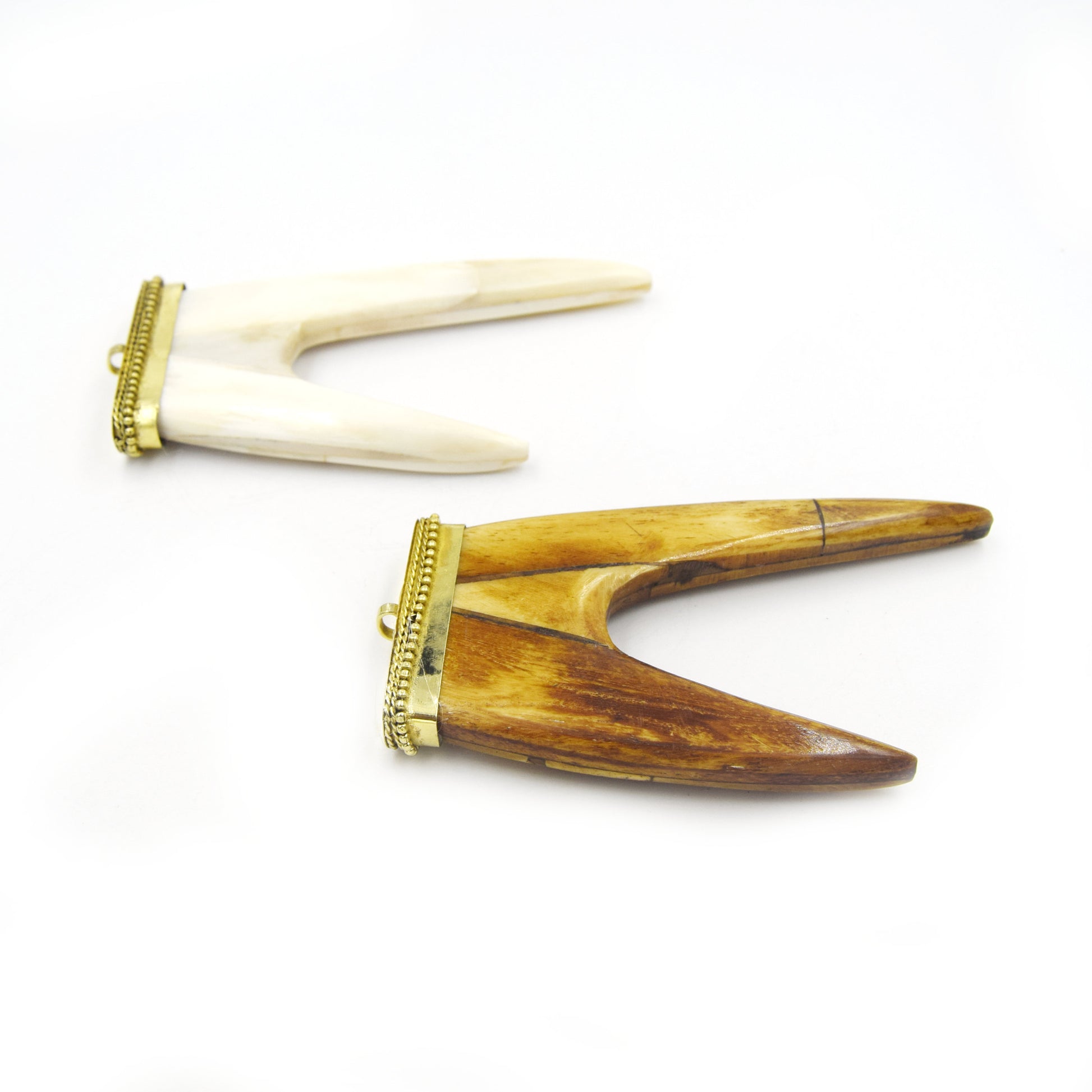 Bone Pendant | Flat Antler Tusk Shaped Natural Ox Bone Pendant with Dotted Gold Cap - 2 Colors available