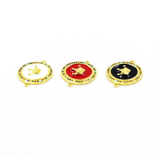 CZ Enamel Brass Connector | 20mm Enamel Circle with Crown and CZ Rim - White, Black, Red available