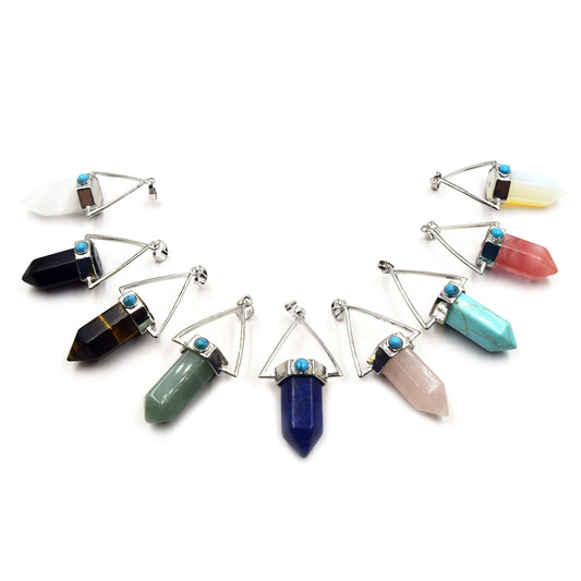 Natural Pendulum Point Pendant | Quartz Tiger Eye Agate Lapis Aventurine Opalite Howlite Hexagonal Point Pendant - Sold Individually