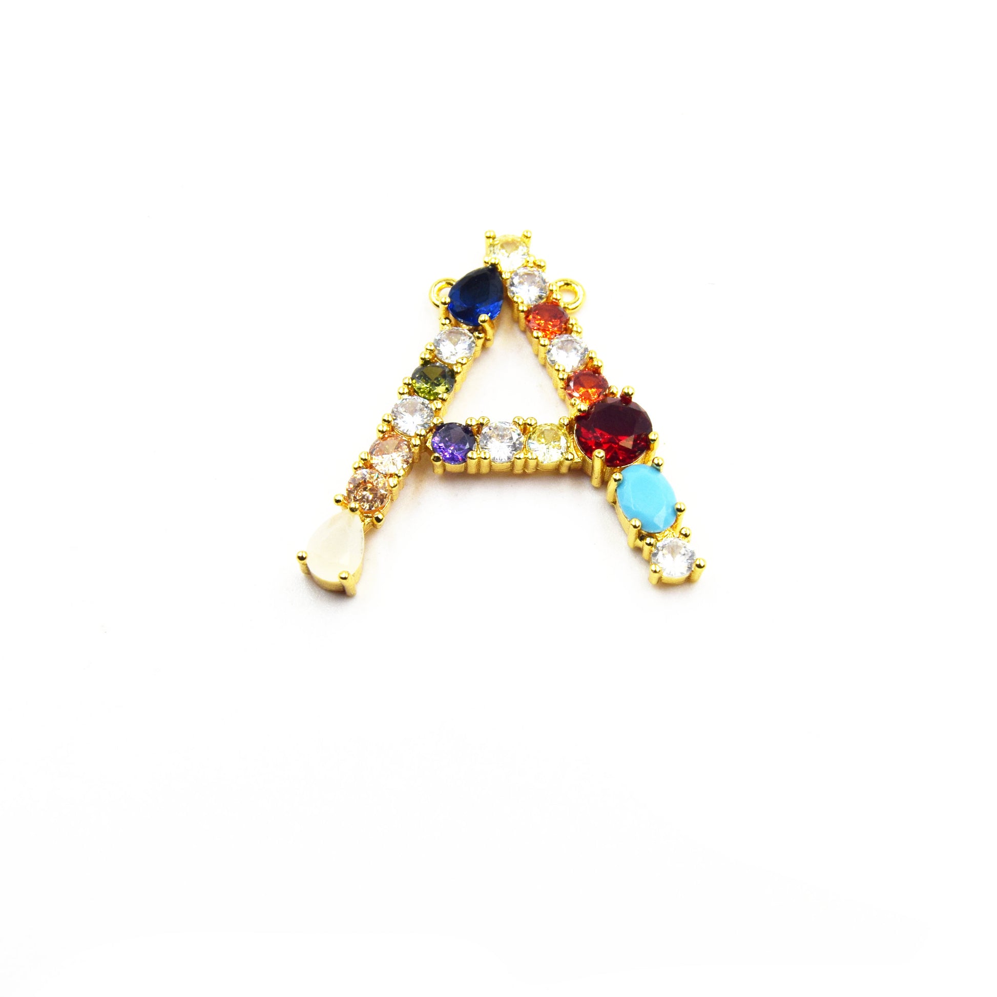 Gold Alphabet Rhinestone Pendant | Letter A Multi-color Rhinestone Pendant with Two Loops - 35mm x 40mm