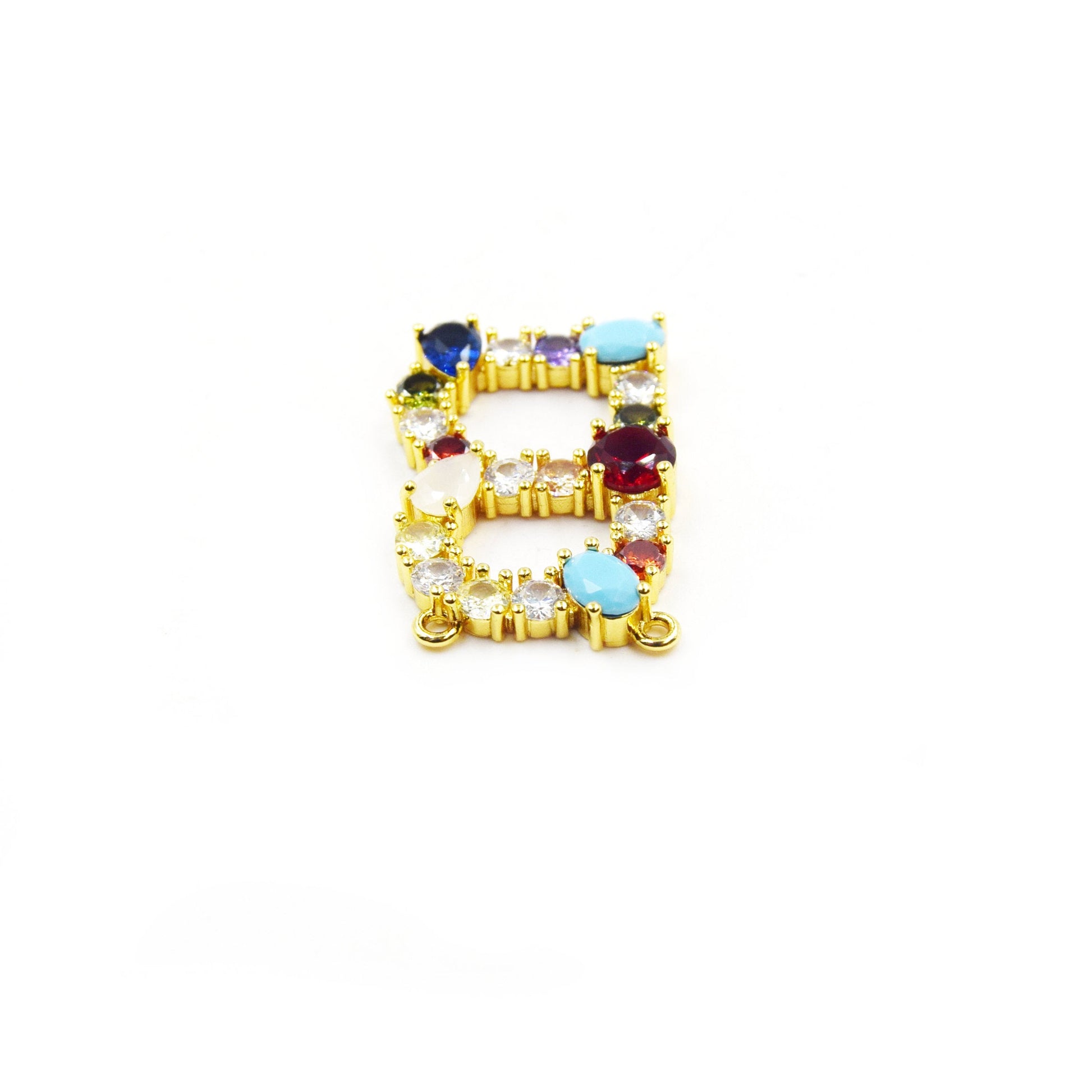 Gold Alphabet Rhinestone Pendant | Letter B Multi-color Rhinestone Pendant with Two Loops - 22mm x 35mm