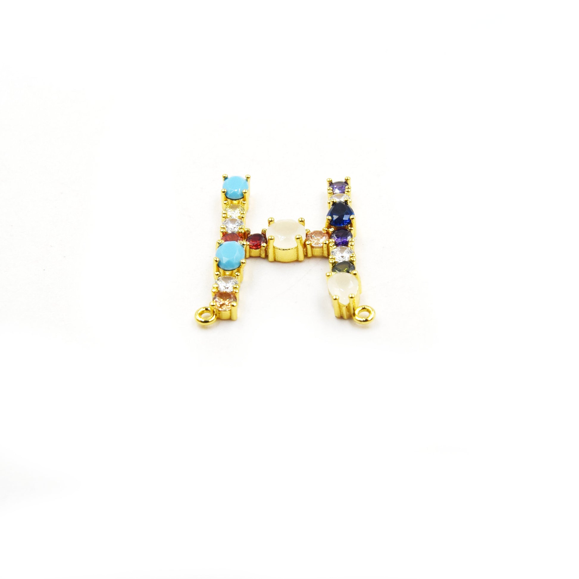 Gold Alphabet Rhinestone Pendant | Letter H Multi-color Rhinestone Pendant with Two Loops - 25mm x 35mm