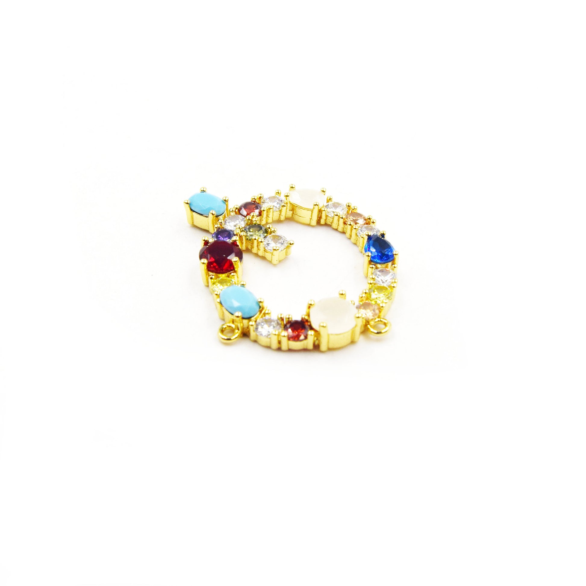 Gold Alphabet Rhinestone Pendant | Letter Q Multi-color Rhinestone Pendant with Two Loops - 35mm x 35mm