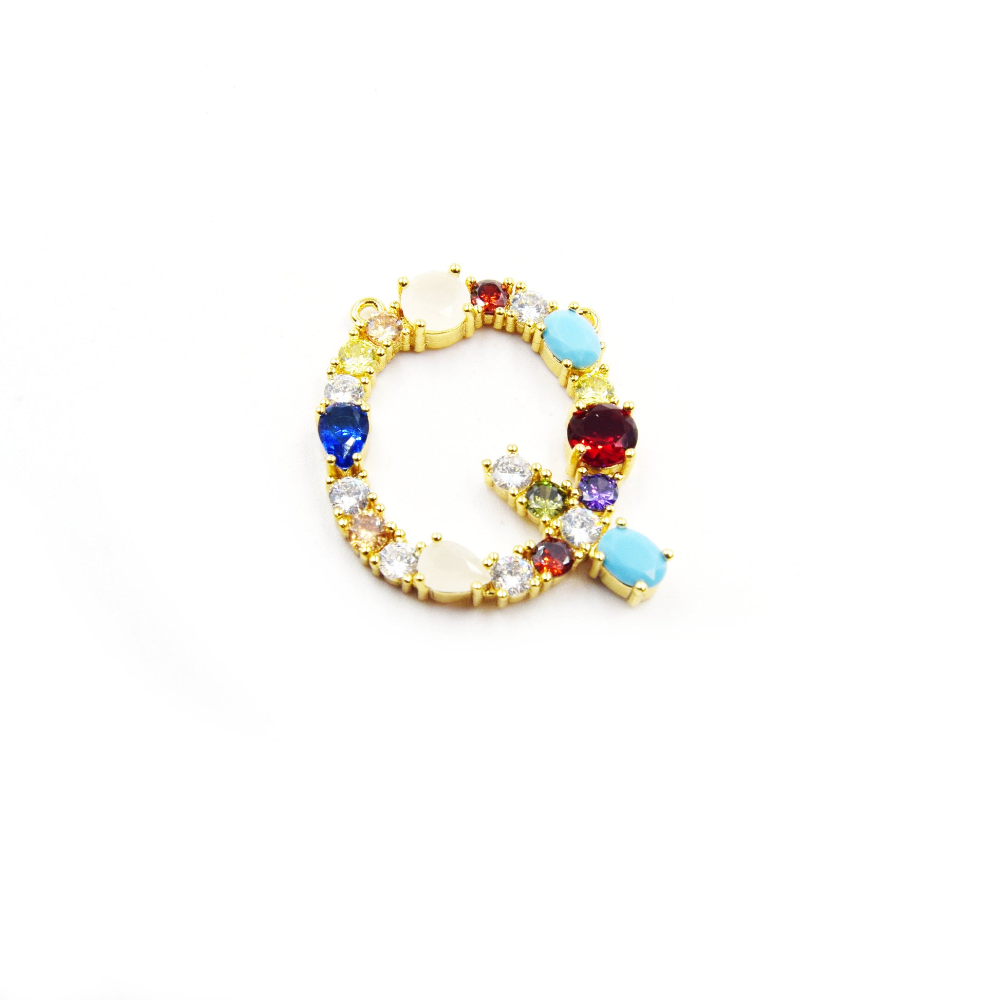 Gold Alphabet Rhinestone Pendant | Letter Q Multi-color Rhinestone Pendant with Two Loops - 35mm x 35mm