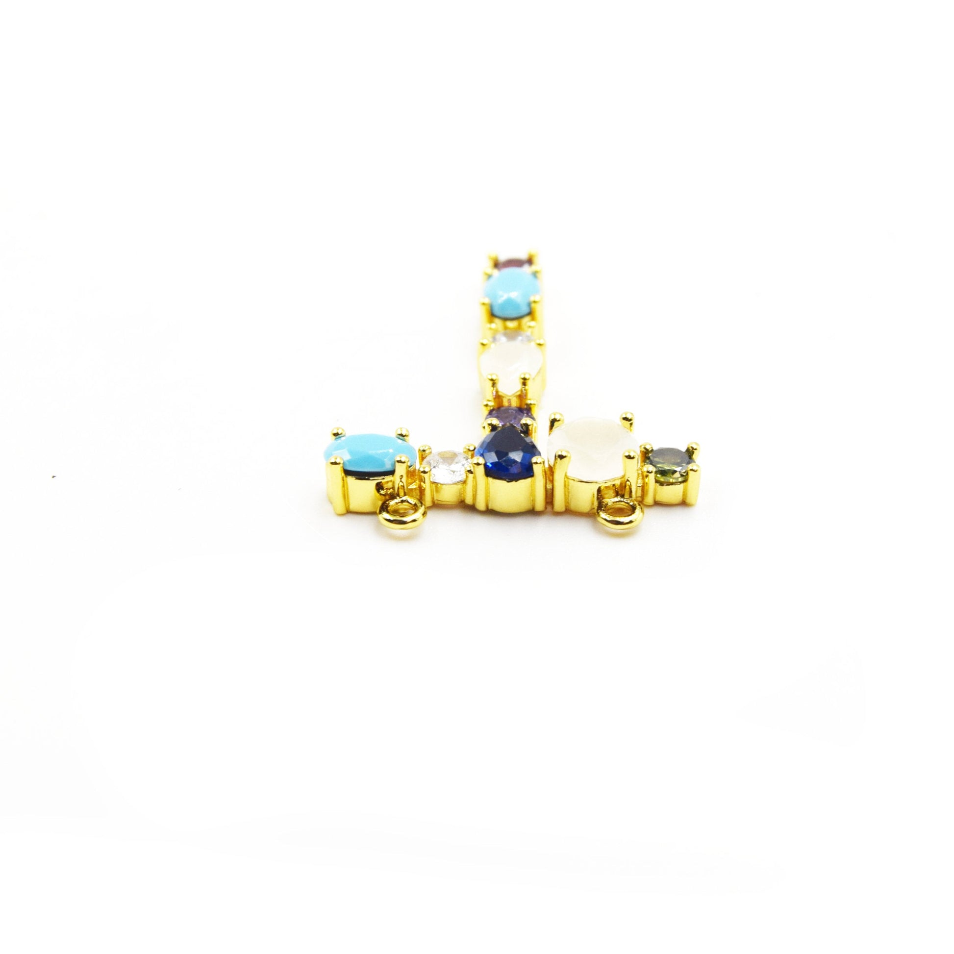 Gold Alphabet Rhinestone Pendant | Letter T Multi-color Rhinestone Pendant with Two Loops - 30mm x 35mm