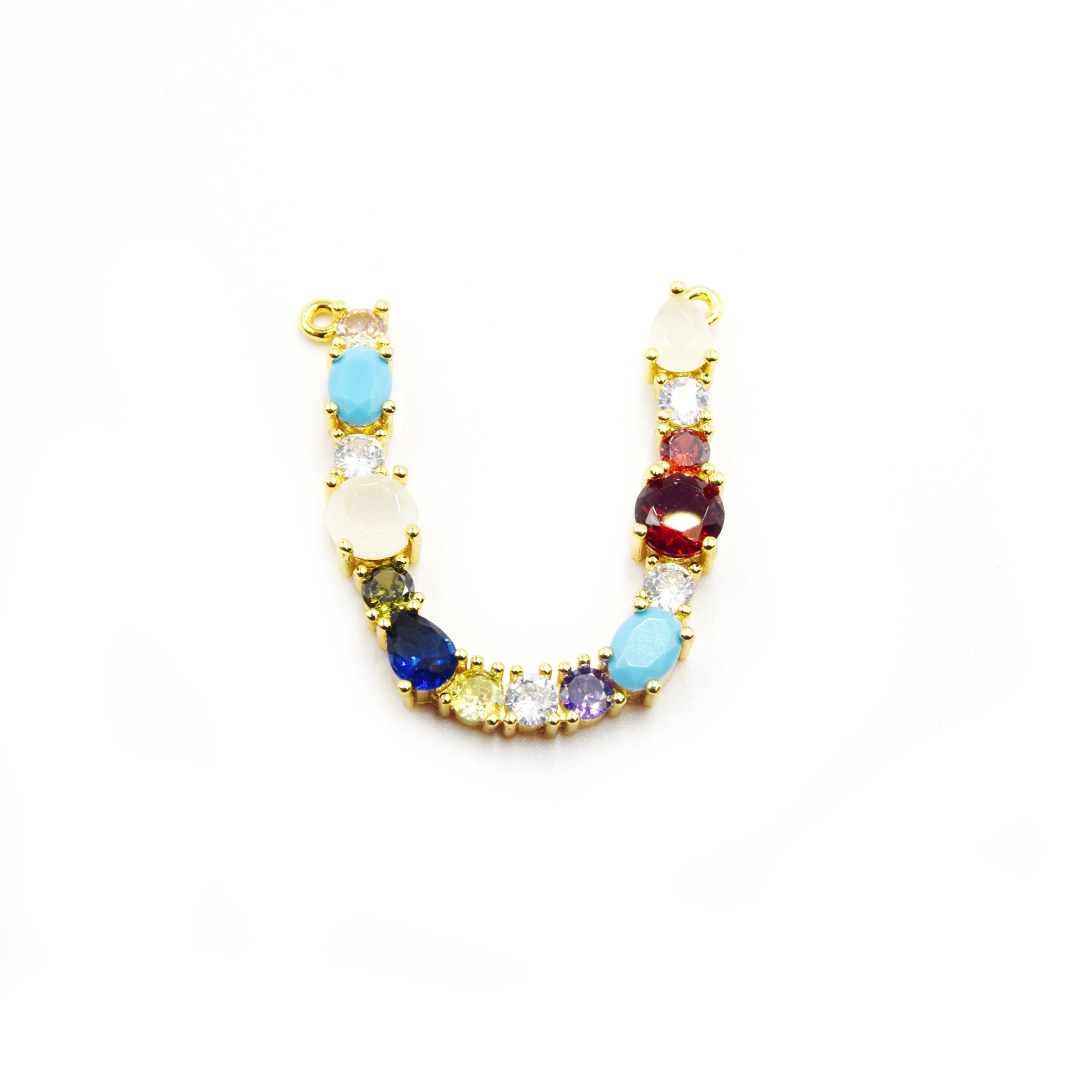 Gold Alphabet Rhinestone Pendant | Letter U Multi-color Rhinestone Pendant with Two Loops - 30mm x 35mm