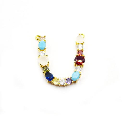 Gold Alphabet Rhinestone Pendant | Letter U Multi-color Rhinestone Pendant with Two Loops - 30mm x 35mm