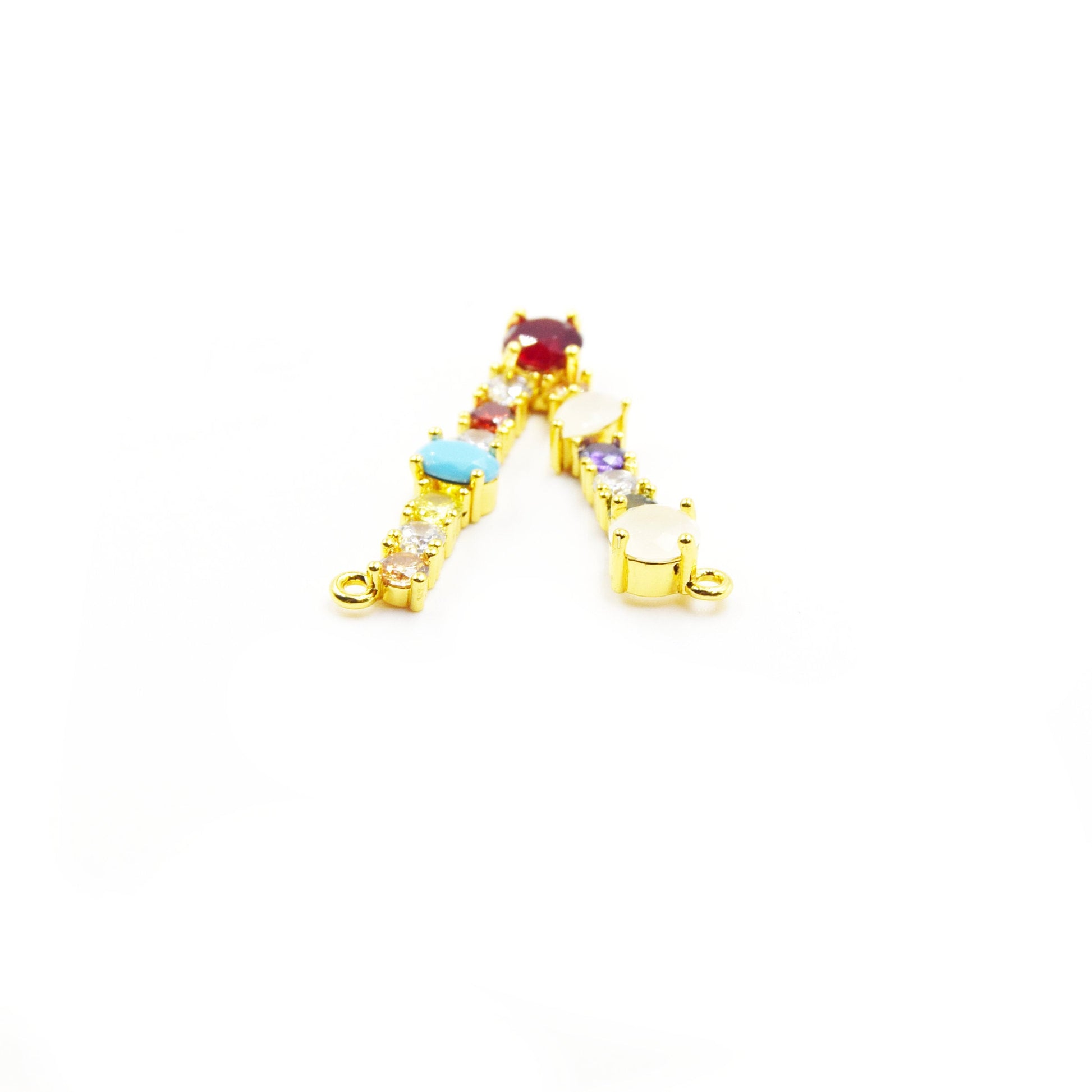 Gold Alphabet Rhinestone Pendant | Letter V Multi-color Rhinestone Pendant with Two Loops - 25mm x 35mm