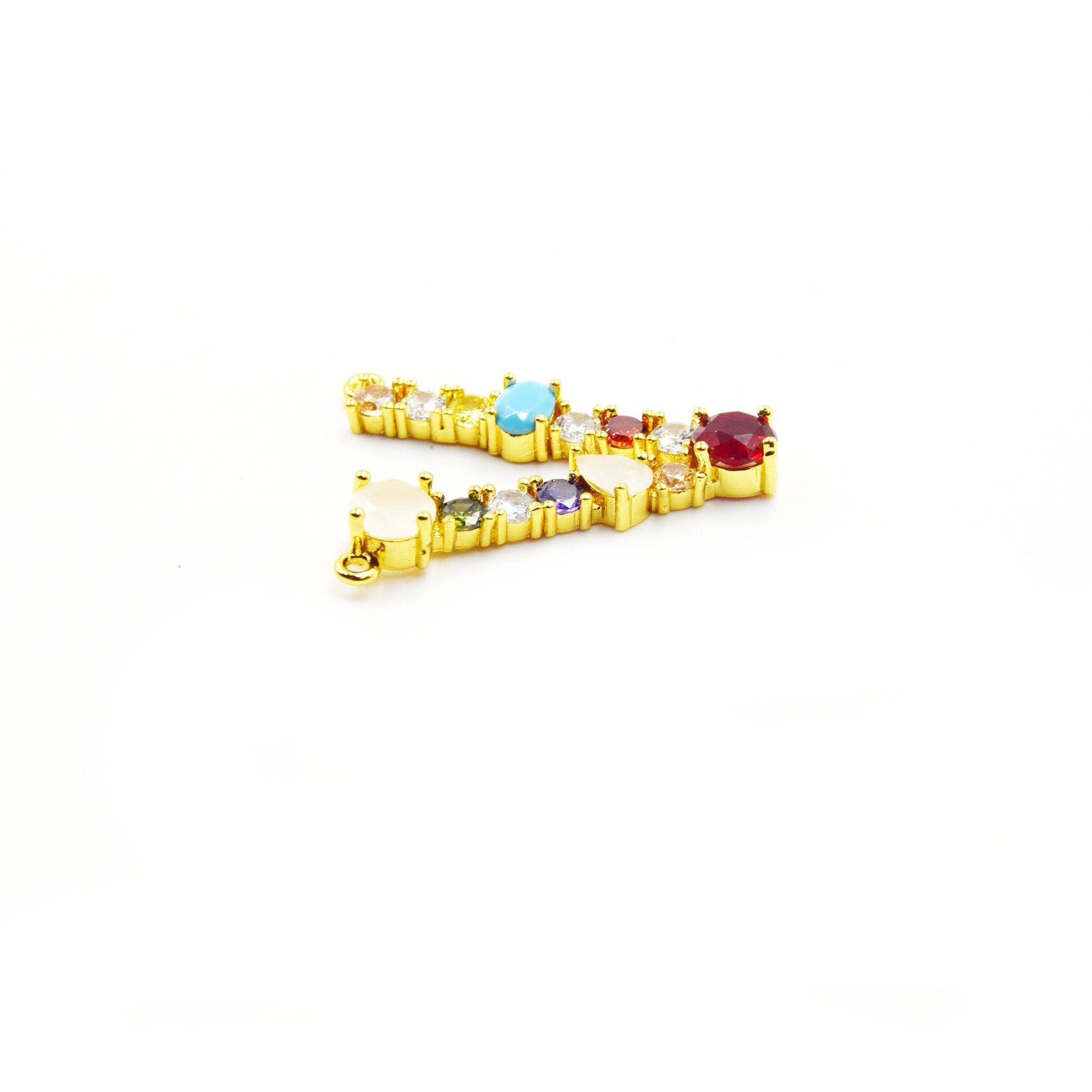 Gold Alphabet Rhinestone Pendant | Letter V Multi-color Rhinestone Pendant with Two Loops - 25mm x 35mm