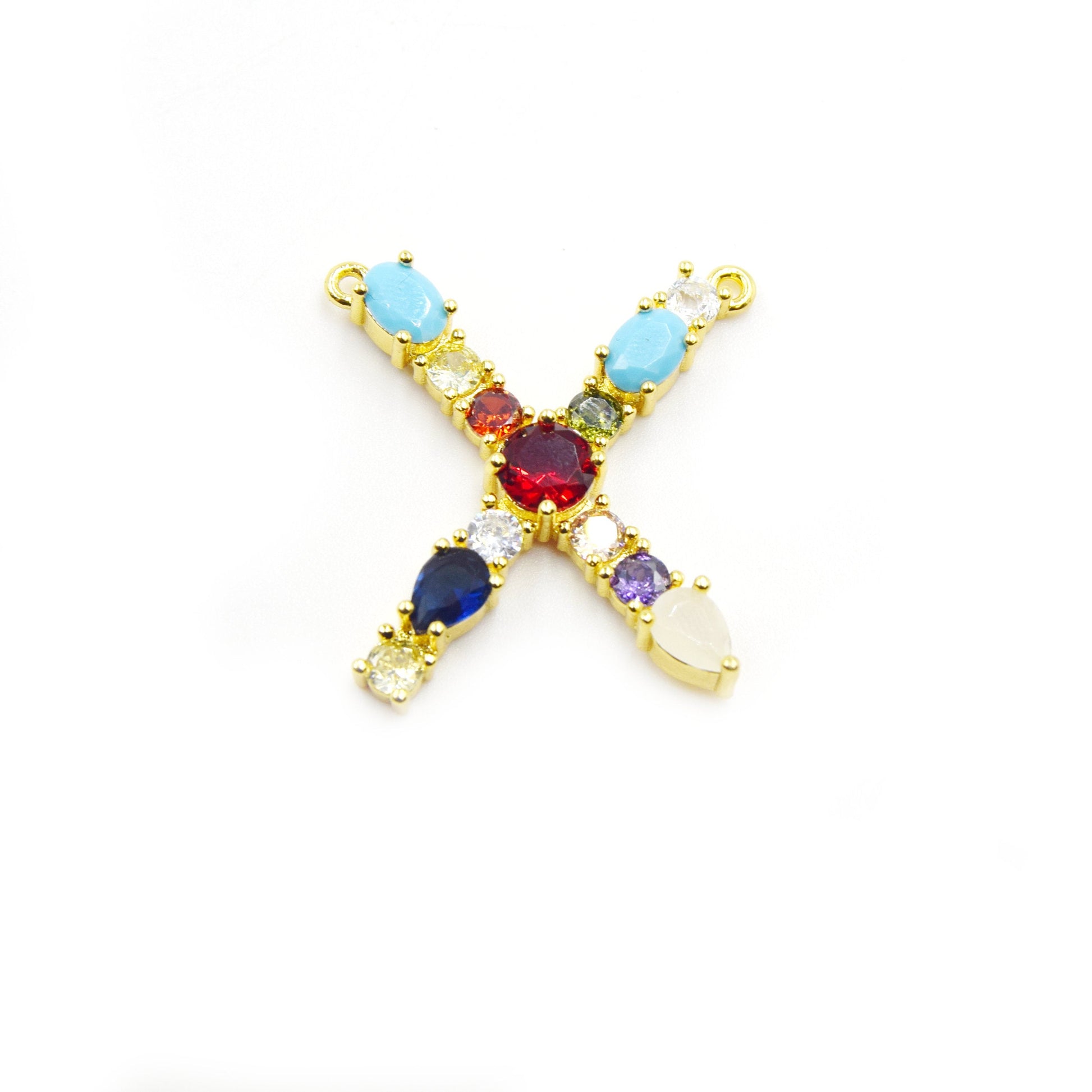 Gold Alphabet Rhinestone Pendant | Letter X Multi-color Rhinestone Pendant with Two Loops - 30mm x 30mm