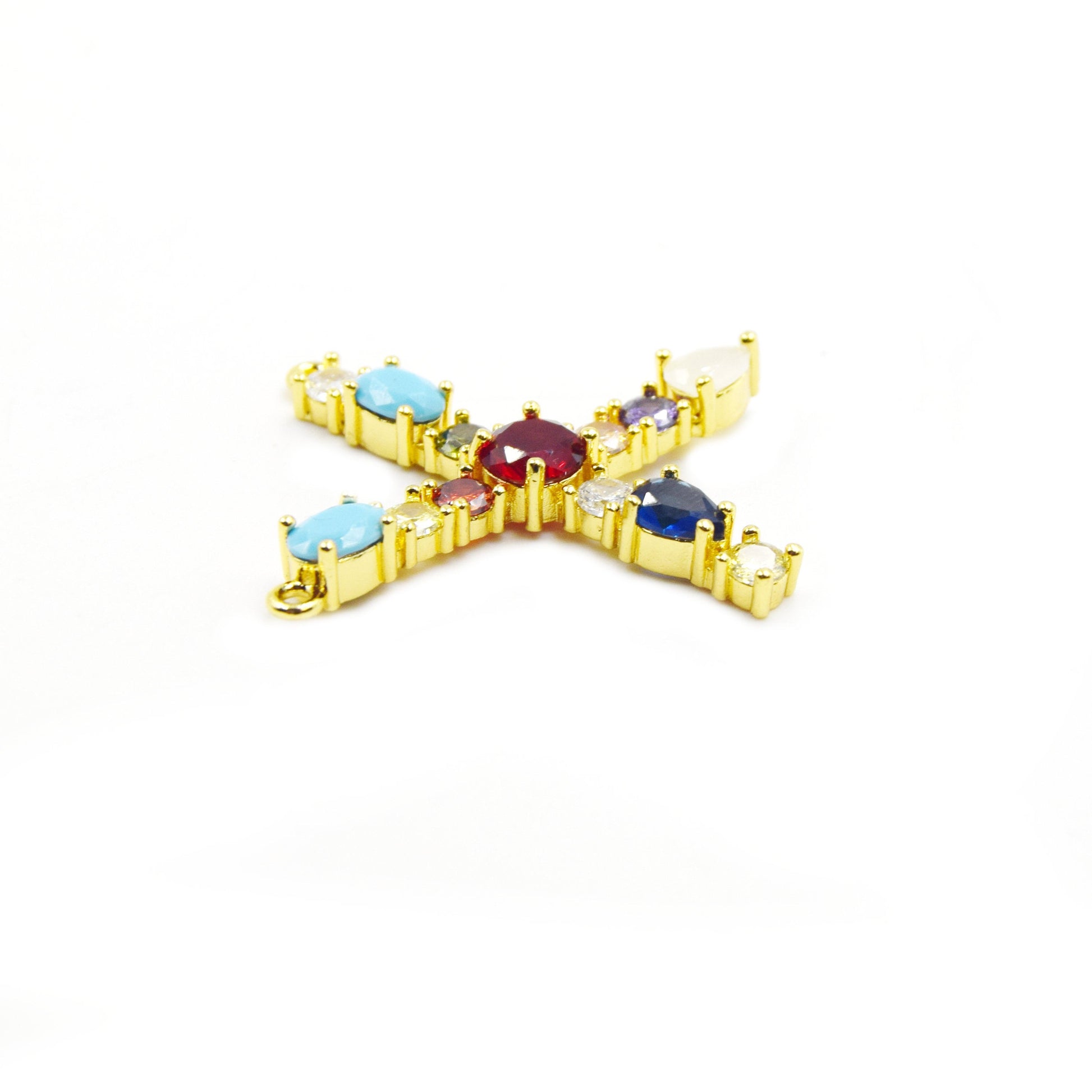 Gold Alphabet Rhinestone Pendant | Letter X Multi-color Rhinestone Pendant with Two Loops - 30mm x 30mm