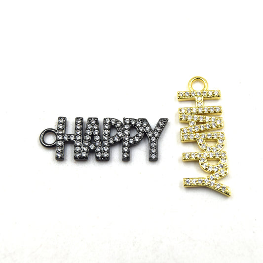 CZ Pendant | 10mm x 30mm "Happy" Shaped Cubic Zirconia Pendant/Charm - Gold and Gunmetal available