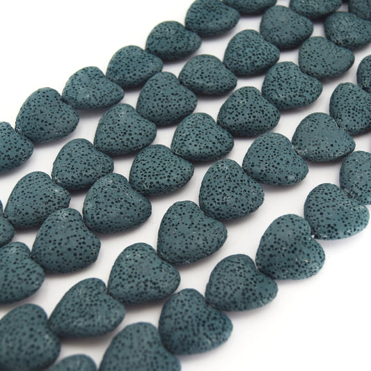20mm Dark Teal Heart Shaped Natural Lava Rock Beads with 2mm Holes - 14.75"  Strand (20 Beads) - Large Hole Beads
