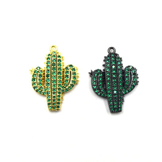 CZ Pendant | 18mm x 22mm Cactus Shaped Cubic Zirconia Pendant Charm - Gold and Gunmetal with Green CZ