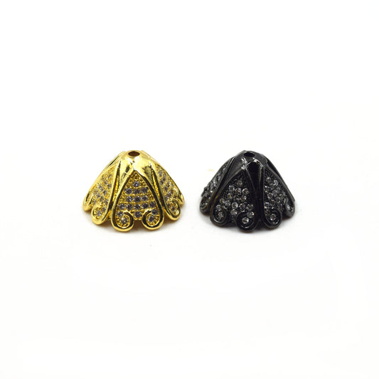 CZ TASSEL CAP | 15mm x 18mm Heart Embellished Cubic Zirconia Pendant Tassel Cap - Gold and Gunmetal available