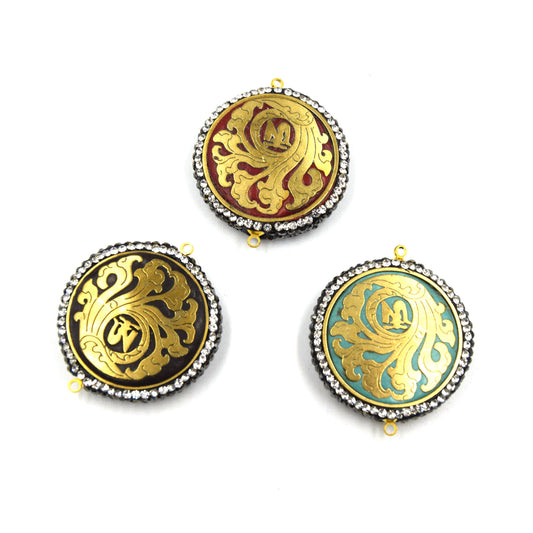 1.5" Tibetan Nature Swirl Reversible Design Medallion Coin Shaped Connector Encrusted with Cubic Zirconia - 32mm x 32mm - Sold Individually