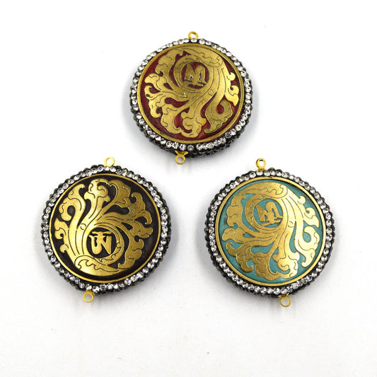 1.5" Tibetan Nature Swirl Reversible Design Medallion Coin Shaped Connector Encrusted with Cubic Zirconia - 32mm x 32mm - Sold Individually