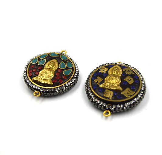 1.5" Tibetan Buddah Reversible Design Medallion Coin Shaped Connector Encrusted with Cubic Zirconia - 32mm x 32mm - Sold Individually