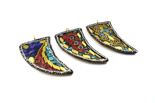 2" Tibetan Flattened Tusk/Horn Shaped Pendant - Measuring 35mm x 55mm with- Sold Individually