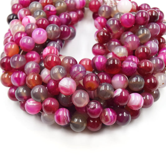 Banded Agate Beads | Dyed Mixed Magenta Smooth Round Gemstone Beads - 12mm Available