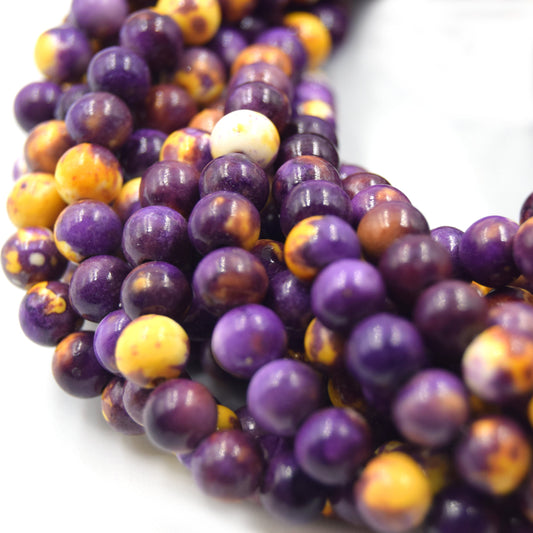 Dyed Mottled Jade Beads | Dyed Purple Yellow and White Round Gemstone Beads - 6mm 8mm 10mm 12mm Available