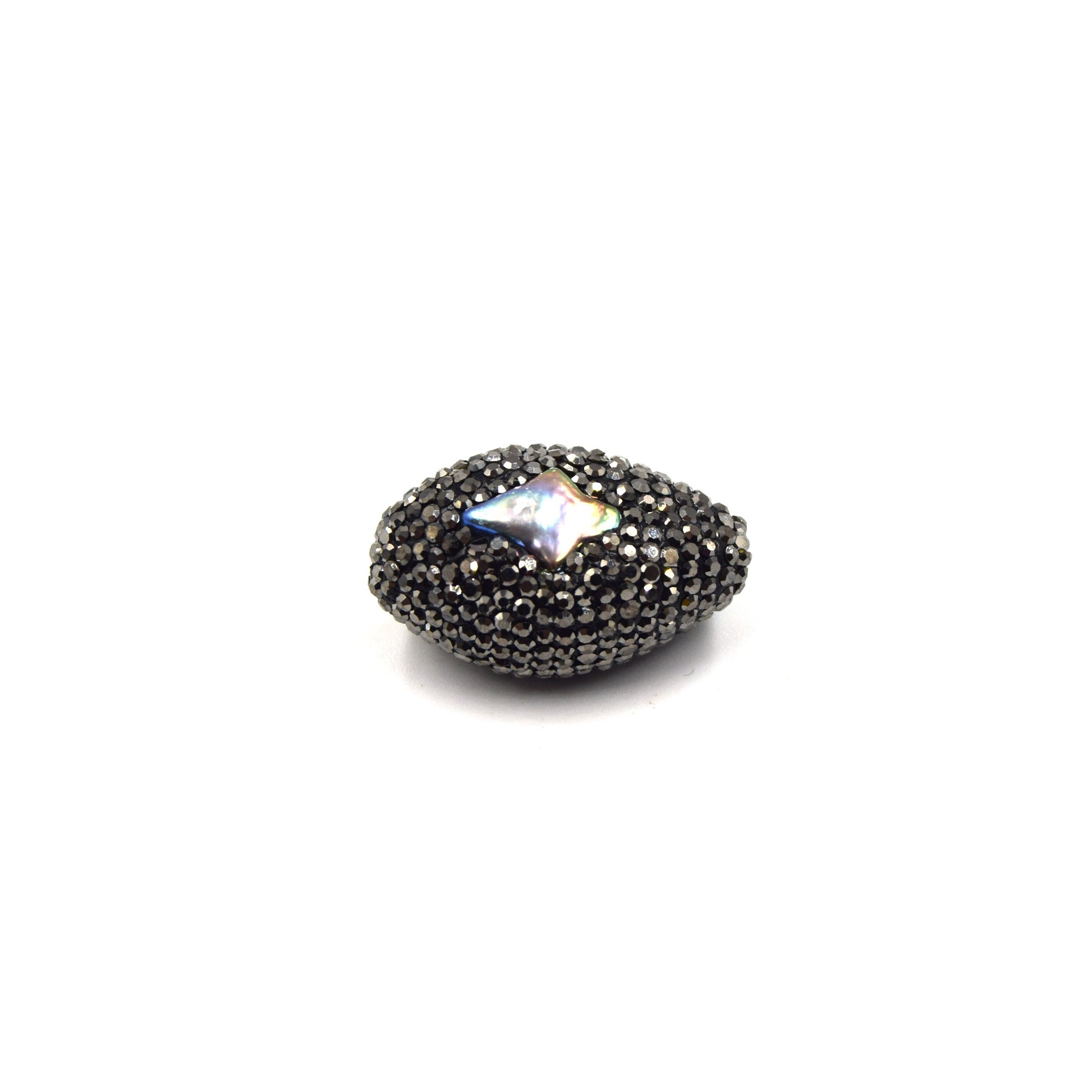 Pave Rhinestone Encrusted Puffed Oval Shaped Bead with Rainbow Abalone Inlay - Measuring 20mm x 30mm, Approx.