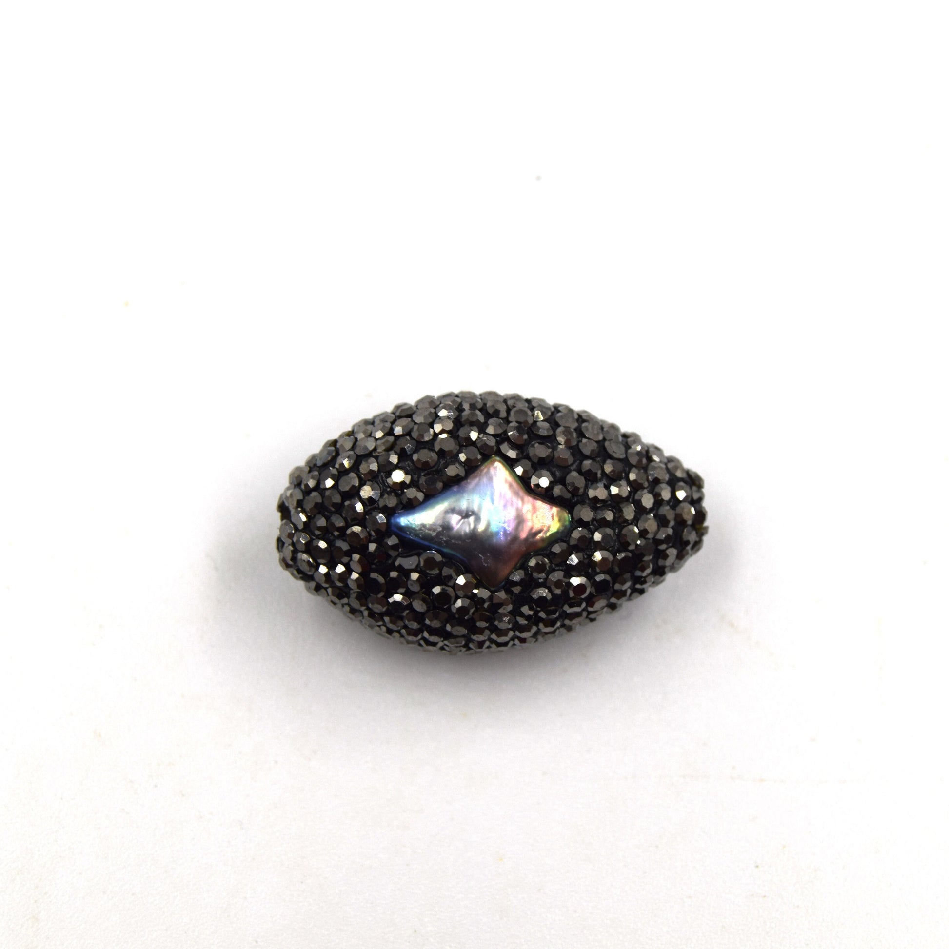 Pave Rhinestone Encrusted Puffed Oval Shaped Bead with Rainbow Abalone Inlay - Measuring 20mm x 30mm, Approx.