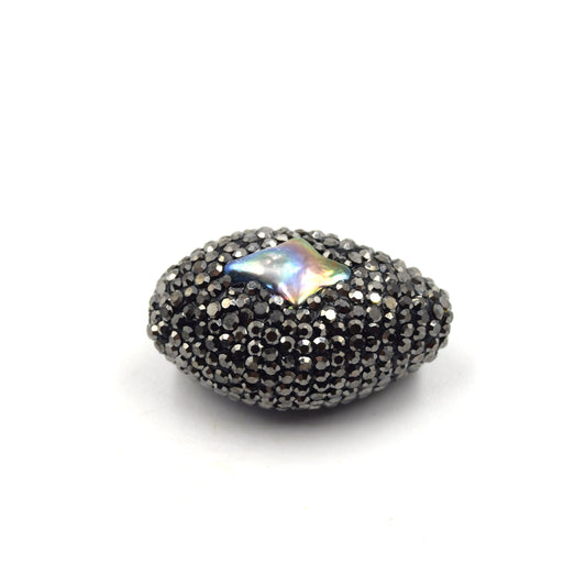 Pave Rhinestone Encrusted Puffed Oval Shaped Bead with Rainbow Abalone Inlay - Measuring 20mm x 30mm, Approx.