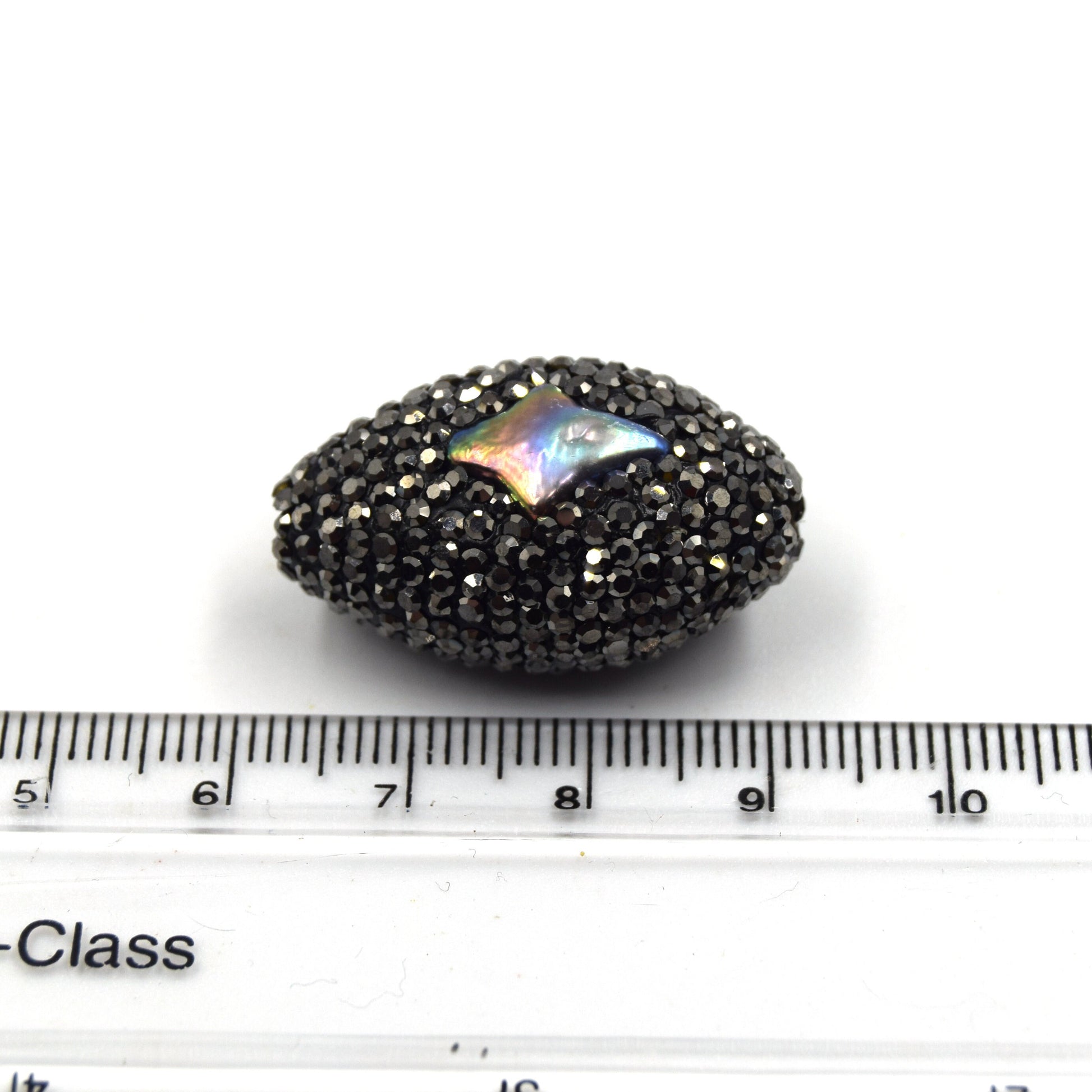 Pave Rhinestone Encrusted Puffed Oval Shaped Bead with Rainbow Abalone Inlay - Measuring 20mm x 30mm, Approx.