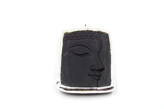 2" Soldered Silver Buddha Head/Face Natural Black Onyx Rectangle Pendant with Attached Ring - Measuring 35mm x 45mm, Approx.