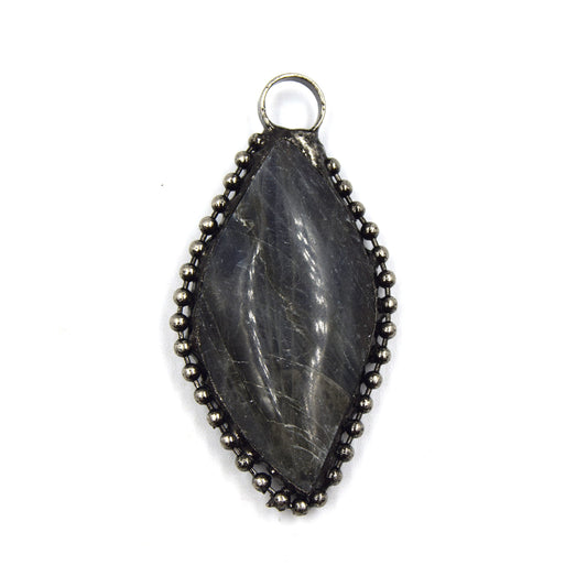 2.75" Gunmetal Soldered Natural Labradorite Gemstone Pendant with Attached Ring - Measuring 20mm x 68mm, Approx.