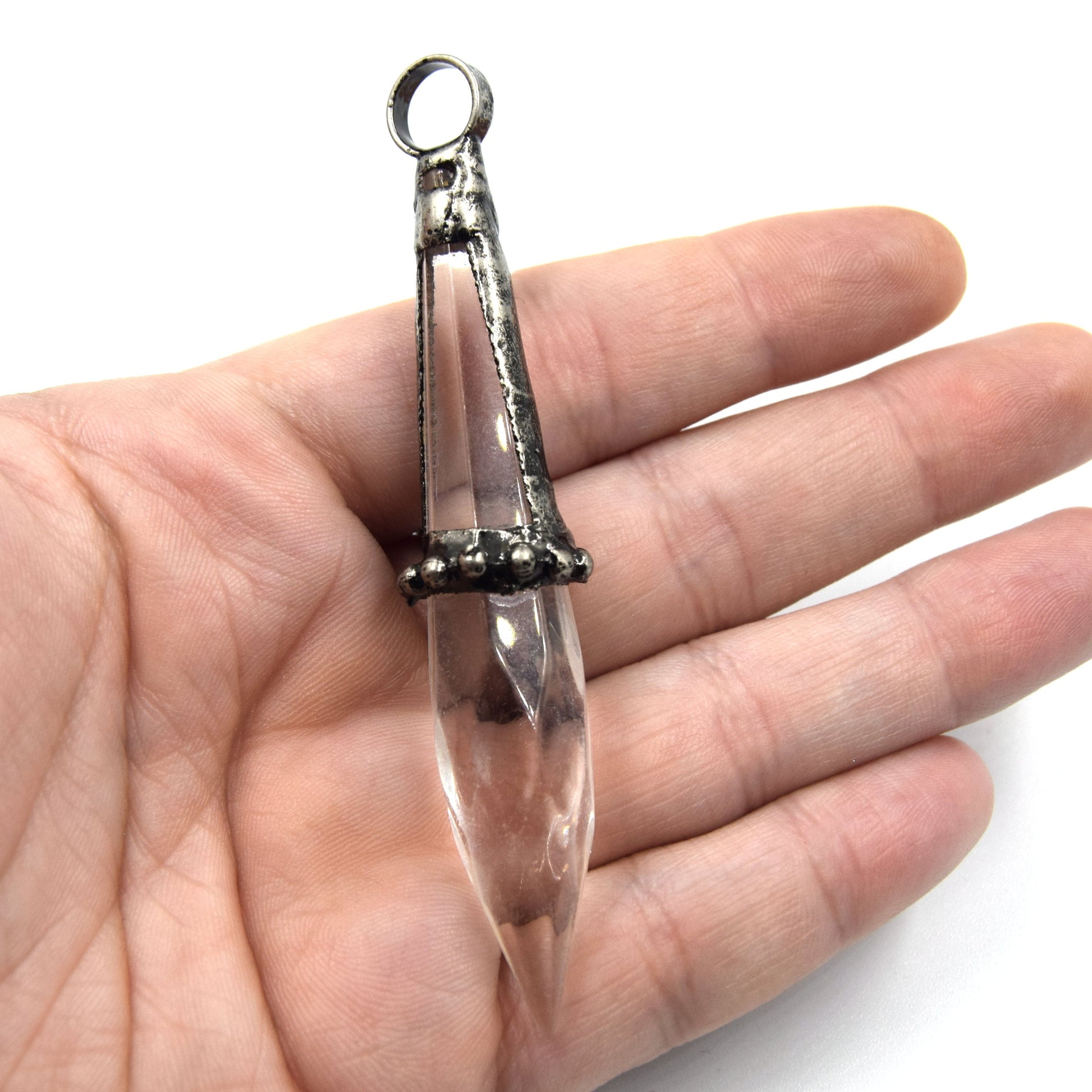 3.5" Gunmetal Soldered Clear Glass Point Pendant with Attached Ring - Measuring 20mm x 80mm, Approx.