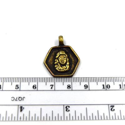 1" Oxidized Gold Plated Rustic 'Head of Shiva' Copper Hexagon God/Deity Pendant with Attached Ring - 22mm x 22mm, Approximately